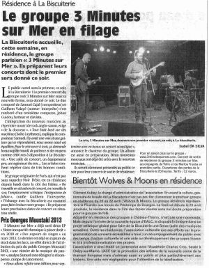 Coupure de presse — L'Union, Mars 2013 : 3 Minutes sur Mer, Wolves & Moons, résidence, rock