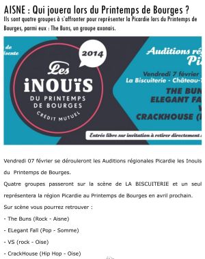 Coupure de presse — L'Union, Janvier 2014 : The Buns, Inouïs du Printemps de Bourges, tremplin, programmation