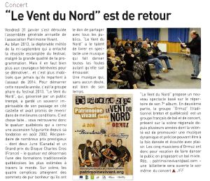 Coupure de presse — Autant en emporte la Marne, Février 2014 : Le Vent du Nord, Patrimoine Vivant, musiques du monde, concert