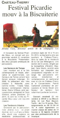 Coupure de presse — L'Axonais, Novembre 2014 : Picardie Mouv, Les Tambours Urbains, festival, musiques du monde