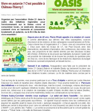 Coupure de presse — Vu du Château, Octobre 2015 : Globe 21, Tribal Veda, U1, partenariat