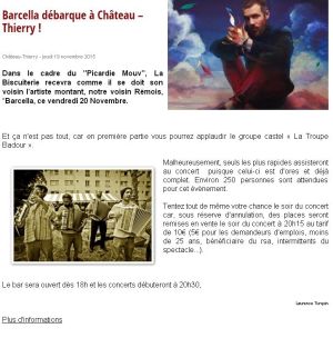 Coupure de presse — Vu du Château, Novembre 2015 : Barcella, Picardie Mouv, concert, chanson