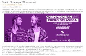 Coupure de presse — La Lettre Pro de la Radio, Novembre 2015 : Fréro Delavega, Champagne FM, concert, partenariat
