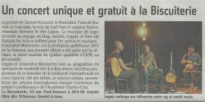 Coupure de presse — L'Union, Novembre 2015 : Legato, Geneviève Morissette, concert, chanson