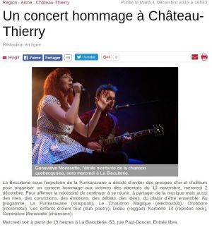 Coupure de presse — L'Union, Décembre 2015 : La Punkaravane, Geneviève Morissette, solidarité, concert