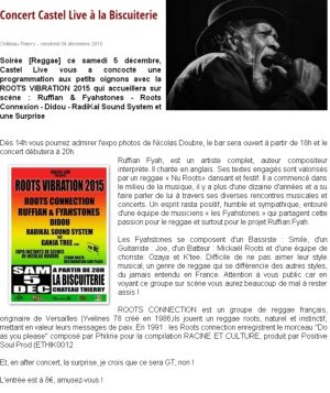 Coupure de presse — Vu du Château, Décembre 2015 : Castel Live, Roots Vibration, reggae, concert