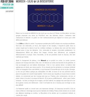 Coupure de presse — Anesthetize, Février 2016 : Mensch, Lilju, concert, rock