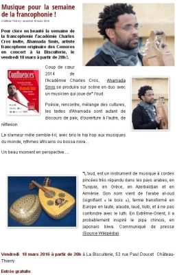Coupure de presse — Vu du Château, Mars 2016 : Ahamada Smis, Académie Charles-Cros, musiques du monde, concert