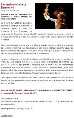 Coupure de presse — Vu du Château, Avril 2016 : Lydia Sevette, La Doryphore, résidence, jeune public