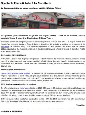 Coupure de presse — TMA Vision, Avril 2016 : Peace & Lobe, Boucan, santé auditive, éducation artistique