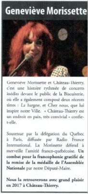 Coupure de presse — Vivre à Château-Thierry, Octobre 2016 : Geneviève Morissette, chanson, portrait