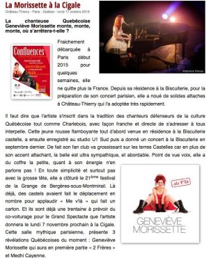 Coupure de presse — Vu du Château, Octobre 2016 : Geneviève Morissette, chanson, résidence