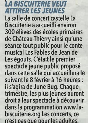 Coupure de presse — L'Union, Décembre 2016 : Les Fables de Jean de les Égouts, June Bug, jeune public, éducation artistique