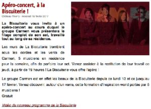 Coupure de presse — Vu du Château, Février 2017 : Carmen, apéro-concert, résidence, musiques du monde