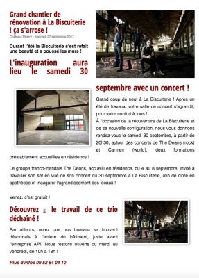 Coupure de presse — Vu du Château, Septembre 2017 : The Deans, Carmen, travaux, résidence
