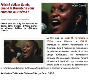 Coupure de presse — Vu du Château, Novembre 2017 : Félicité, Alain Gomis, cinéma, partenariat