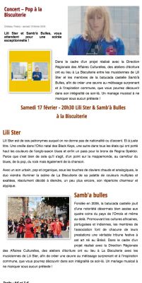 Coupure de presse — Vu du Château, Février 2018 : Lili Ster, Samb'a Bulles, concert, action culturelle
