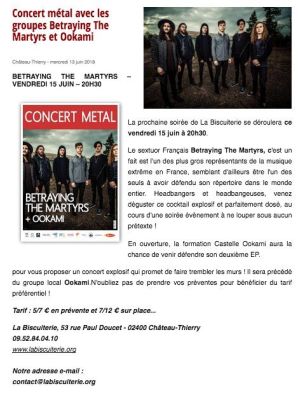 Coupure de presse — Vu du Château, Juin 2018 : Betraying the Martyrs, Ookami, concert, métal