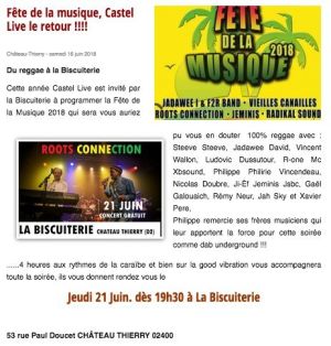 Coupure de presse — Vu du Château, Juin 2018 : Castel Live, Roots Connection, fête de la musique, reggae