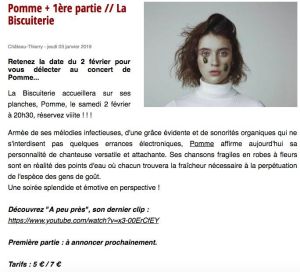 Coupure de presse — Vu du Château, Janvier 2019 : Pomme, concert, chanson
