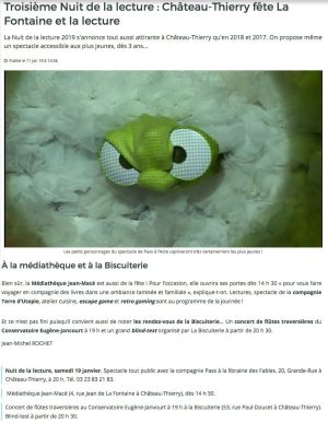Coupure de presse — L'Axonais, Janvier 2019 : Nuit de la lecture, Conservatoire Eugène Jancourt, blind test, partenariat