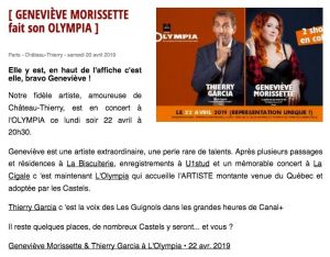 Coupure de presse — Vu du Château, Avril 2019 : Geneviève Morissette, Olympia, résidence, chanson
