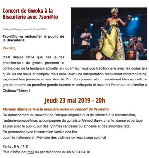 Coupure de presse — Vu du Château, Mai 2019 : 7son@to, Mariann Mathéus, concert, musiques du monde