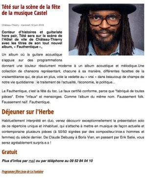 Coupure de presse — Vu du Château, Juin 2019 : Tété, Déjeuner sur l'Herbe, fête de la musique