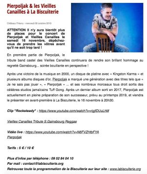 Coupure de presse — Vu du Château, Octobre 2019 : Pierpoljak, Vieilles Canailles, concert, reggae