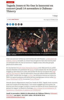Coupure de presse — L'Aisne Nouvelle, Novembre 2019 : Tagada Jones, No One Is Innocent, concert, rock
