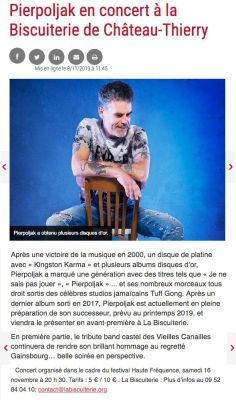 Coupure de presse — L'Union, Novembre 2019 : Pierpoljak, Vieilles Canailles, concert, reggae
