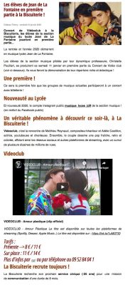 Coupure de presse — Vu du Château, Janvier 2020 : Videoclub, lycée Jean de La Fontaine, éducation artistique, concert