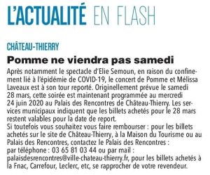Coupure de presse — L'Union, Mars 2020 : Pomme, Mélissa Laveaux, Covid, Palais des Rencontres
