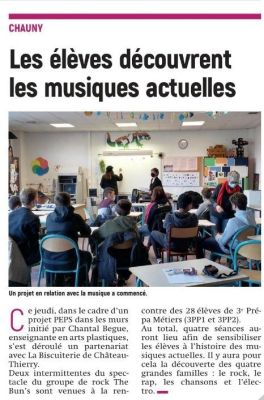 Coupure de presse — L'Aisne Nouvelle, Février 2021 : The Buns, éducation artistique, Chauny