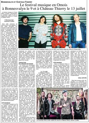 Coupure de presse — L'Axonais, Juillet 2021 : Festival Musique en Omois, Les Fils du Facteur, festival, Bonnesvalyn