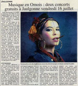 Coupure de presse — L'Axonais, Juillet 2021 : Festival Musique en Omois, Karimouche, festival, Jaulgonne