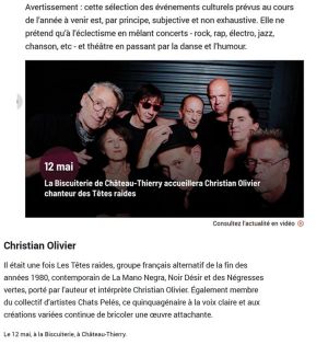 Coupure de presse — L'Union, Janvier 2023 : Christian Olivier, Têtes Raides, programmation, chanson