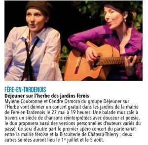 Coupure de presse — L'Union, Mai 2023 : Déjeuner sur l'Herbe, apéro-concert, hors les murs, Fère-en-Tardenois