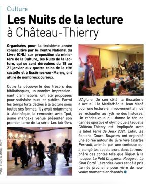 Coupure de presse — Autant en emporte la Marne, Février 2024 : Nuits de la lecture, Médiathèque Jean Macé, partenariat