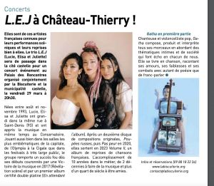 Coupure de presse — Autant en emporte la Marne, Mars 2024 : L.E.J, Gatha, concert, Palais des Rencontres