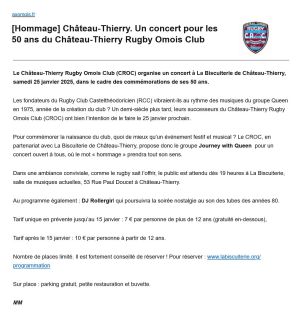 Coupure de presse — Axomois, Décembre 2024 : Journey with Queen, CROC, concert, partenariat